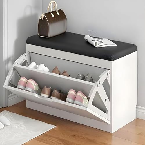 Armario De Almacenamient Banqueta Zapatero Con Cajones Abatibles 50x24 60x30 80x30cm Asiento De Almacenamiento Para Zapatos De Entrada, Taburete Cambiador De Piel Sintética(Black,Solid wood 50x24cm)