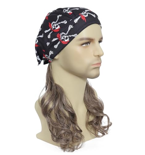 Image of Men's Pirate Wig with Integrated Bandana, Long Curly Synthetic Wig, Skull Print Bandana Pirate Costume Wig for Halloween, Cosplay and 80s Theme Party (Light Brown)