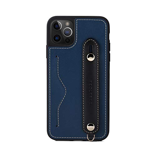 iPhone12 Pro Max ケース 本革 グリップケース レザー ストラップ付属 イタリア製牛革 ヌメ革 片手操作 カード収納 スタンド機能 メンズ レディース ブルー/ブラック CGH-12ProMax-Blue-BK