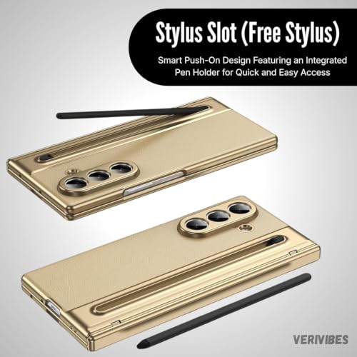Image of Ultra Hybrid Luxury Leather Compatible with Samsung Galaxy Z Fold 8 Ultra (2026)| Built-in S Pen Holder| 360 Hinge Protection | Slim Shockproof Back Cover with Tempered Glass - Golden