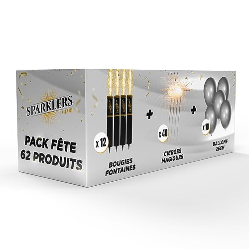 Pack Fête 62 Articles - 12 Fontaines Scintillantes, 40 Cierges Magiques, 10 Ballons couleur Argent 26cm, idéal pour Décoration de Gateaux, Bougie Accessoire...