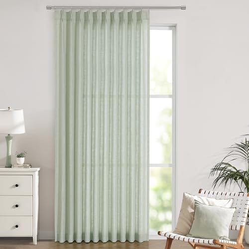 Image of Vision Home Soft Green Pinch Pleated Semi Sheer Curtains Textured Linen Blended Light Filtering Window Curtains 102 inch for Living Room Bedroom Patio Pinch Pleat Drapes with Hooks 1 Panel 60 inchWx102 inchL