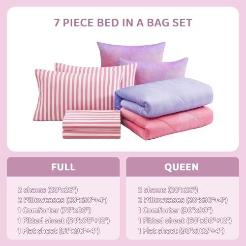 Image of Queen Comforter Set with Sheets for Girls-7 Pieces Soft Queen Bedding Sets | Bed in A Bag Ombre Printed Comforter with Pillowcases & Shams, 90 inch X 90 inch