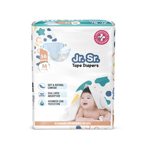 Image of Jr. Sr. Baby Tape Style Diaper | Adjustable Fit For Babies | Medium (M) Size (6-11 kg), 56 Count | Pack of 1 | Upto 12 hr Absorption with Advanced Leak Protection | Soft & Comfy