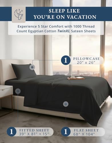 Image of LANE LINEN Twin XL Bed Sheets Set 100% Egyptian Cotton Sateen - Black