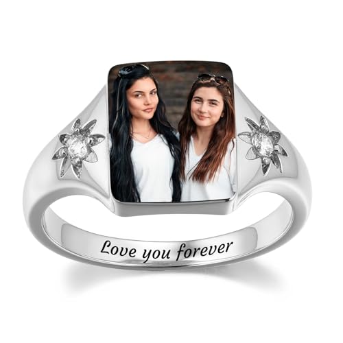 MMXX Personalized Birthstone Rings for Women - Personalized Photo & Name Promise Ring with Engraving Photo or Text Option Memorial Jewelry Gift for Lovers Mothers Women (Size 5-11)