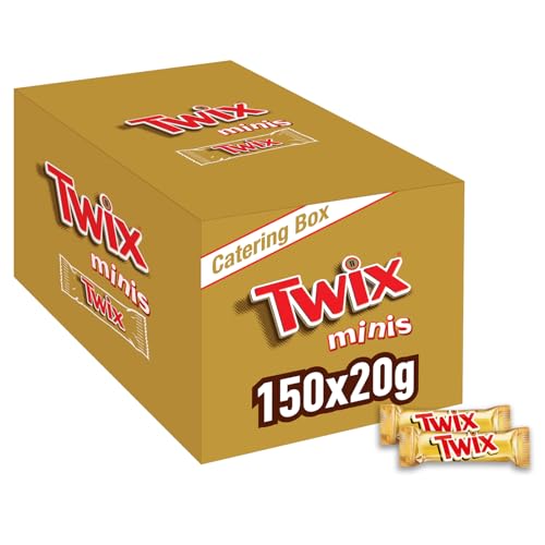 Twix Minis - Barras de bocadillos de galletas de chocolate con caramelo y leche, caja de chocolate a granel, 150 x 20 g, 3 kg