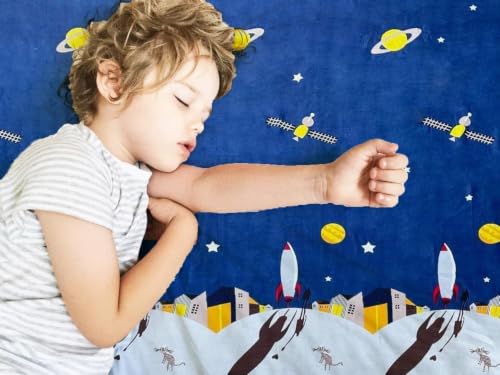 Image of Filymore Single Fitted Bedsheet with 1 Pillow Cover, Space Rocket Printed Bed Sheet for Single Bed, 240 TC Soft Microfiber Elastic Fitted Bedsheet, Mattress Size 72 x 36 Inch, Blue