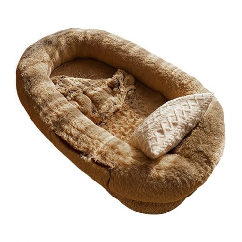 人間 犬用ベッド 大人用 洗える フェイクファー クラウドベッド 卵箱フォーム付き Lサイズ フロアベッド 滑り止めベース 枕と毛布付き (カーキ、ラージ(185.0 cm)