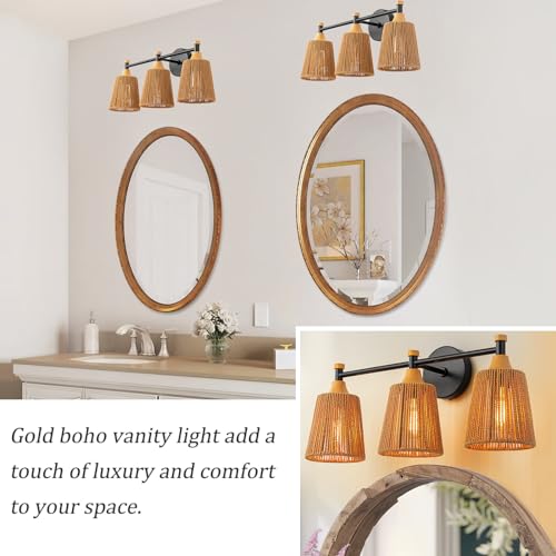 Image of 3-Light Farmhouse Bathroom Light Fixtures, Boho Vanity Lights Over Mirror | Handwoven Rattan Wicker Lampshade, Rustic Lighting for Bedroom Kitchen Hallway Restroom Bathroom