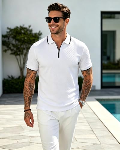 Camiseta polo para hombre con cremallera, tejido texturizado, manga corta, ideal para verano, vacaciones, playa y golf miniatura 3