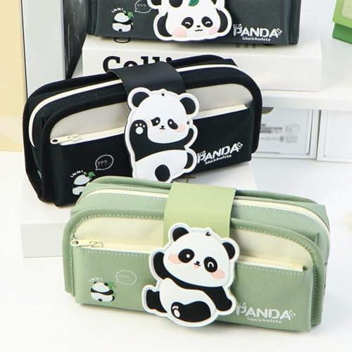 Image of Canvas School Bag Pencil Case, 3 Layer 6 Compartment Large Capacity, Aesthetic Pencil Pouch for Stationary, Cute Stationery for Kids, Pencil Case for Girls & Boys (Panda Side - Green)