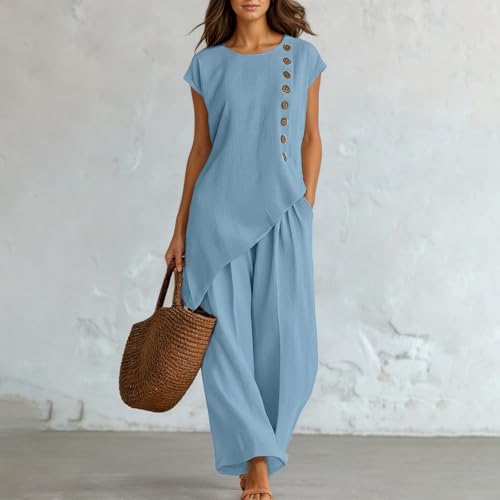 Conjunto bohemio de lino para mujer conjunto de 2 piezas con pantalón ancho de verano casual 2