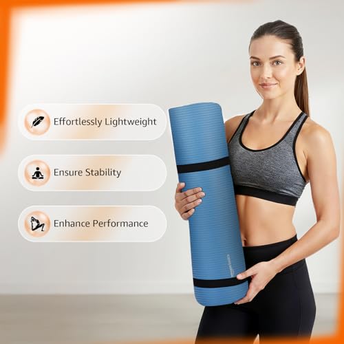 Image of Amazon Basics NBR Yoga & Exercise Mat with Carrying Strap | 8 mm Thick Cushioned Support | Non-Slip Textured Surface | Lightweight & Durable Foam Rubber Material | Floor Protection | Ideal for Yoga, Pilates & Home Workouts | 183 x 61 cm | Blue