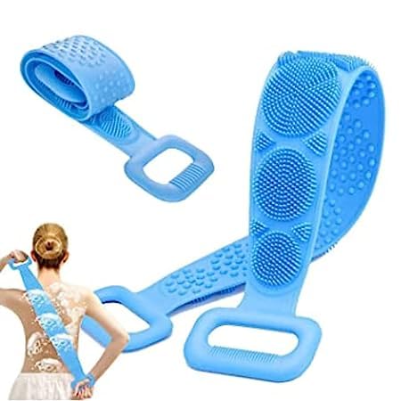 Mmv Silicone Body Back Scrubber Double Side Bathing Brush for Skin Deep Cleaning Massage, Dead Skin Removal Exfoliating Belt for Shower, Easy to Clean, Lathers Well for Men & Women (MS-01) (Blue)