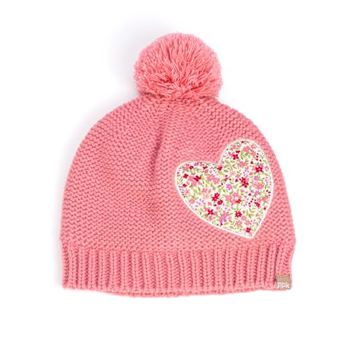 Girls Knit Pompom Beanie with Floral Heart Applique, Soft Fleece-Lined, Unique Design, Premium Quality (Kids 1-6 Years)
