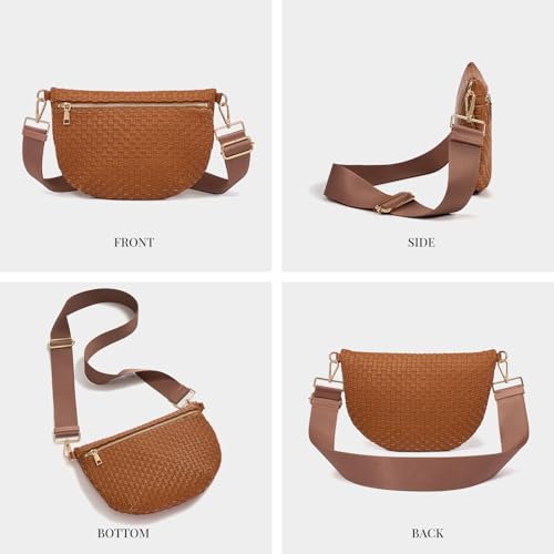 Image of Woven Crossbody Bags For Women, Checkered PU Waist Pack Travel Sling Bag | Adjustable Strap for Travel, Festivals, Beach Vacations, Dating & Daily Shopping (Brown)