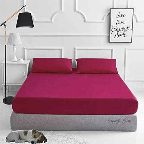 EXQUIZIT HOME® Fitted Bed Sheet with Pillowcases Pack of 2, Plain Dyed Poly Cotton Percale Easy Care 180TC Bed Sheet