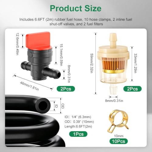 Image of Fuel Line Kit, 1 /4in x 6.6FT Rubber Gas Hose with Clamps, Shut Off Valve and Filters, Compatible with Briggs & Stratton Craftsman MTD Kawasaki Kohler Small Engine Mower Generator