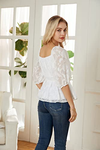 Black Peplum Tops Plus Size Smocked Top Ruffle Puff Sleeve Square Neck Babydoll Shirts Chiffon Blouses White 2Xl #TOP6