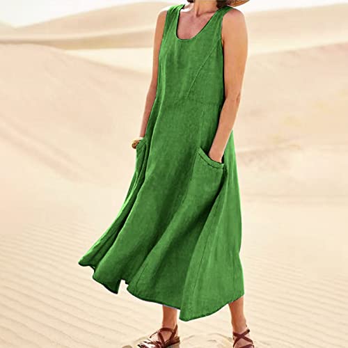 Plus Size Cotton Linen Summer Dresses for Curvy Women 2025 Sleeveless Maxi Vacation Beach Sundresses with Pockets
