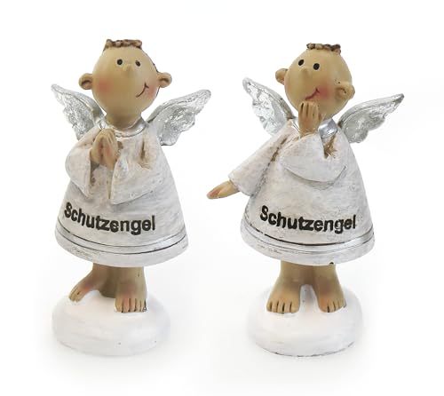 2X Deko Engel Figur lustige Schutzengel Stehend im Set je 6 cm, Polystein Wei&szlig; Silber, Dekofigur Engelkinder Engelsfigur Geschenk Geburt Taufe
