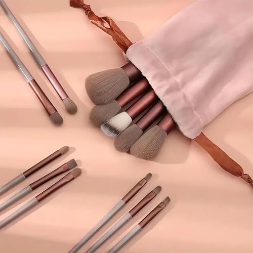 Image of GLUN Professional Makeup Brushes 13 Piece Set Brown Colour, Travel Makeup Brushes with Cloth Bag for Makeup Artists, Foundation, Powder, Concealer, Eyeshadow, Blush, Highlighter, Eyebrow, Brushes