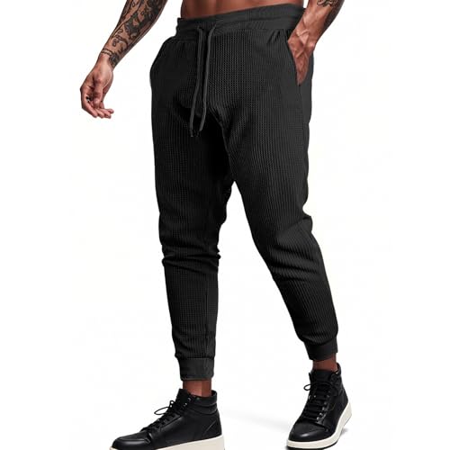 Cambkatl Men's Waffle Sweatpants Basic Solid Joggers Casual Elastic Waist Workout Lounge Pants with Pockets