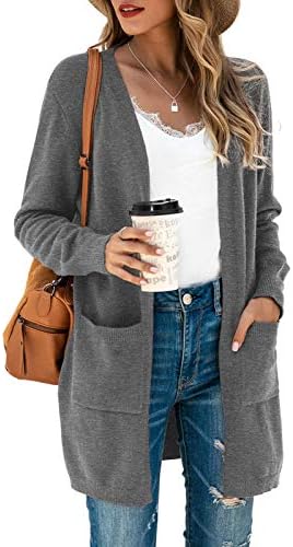 TASAMO Women's Long Sleeve Soft Sweater Open Front Cardigan Outwear with Pockets (Medium,Gray)
