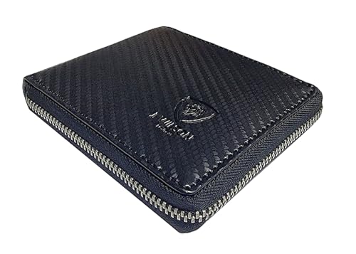 J. Wilson London Men’s Designer RFID Protected Zip-Around Genuine Soft Leather Wallet – Bifold Card Holder Purse with Coin Pocket – Gift Boxed (Red/Carbon Black)