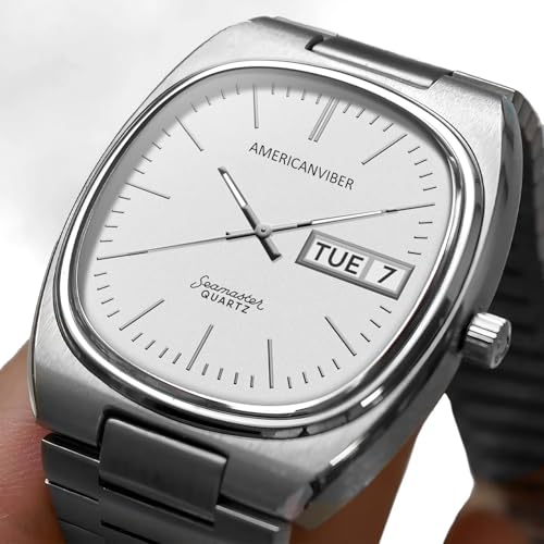 Image of AMERICANVIBER Men's Stainless Steel Classic Analog Watch, Casual & Business, with Cushion Case Dial and Day-Date Display