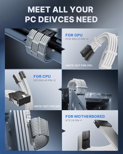 Image of Asiahorse Power Supply Sleeved Cable for Power Supply Extension Cable Wire Kit 1x24-PIN / 2x8-PORT (4+4) M /B,3x8-PORT (6+2) PCI-E 30cm Length with Combs(Dual EPS White)
