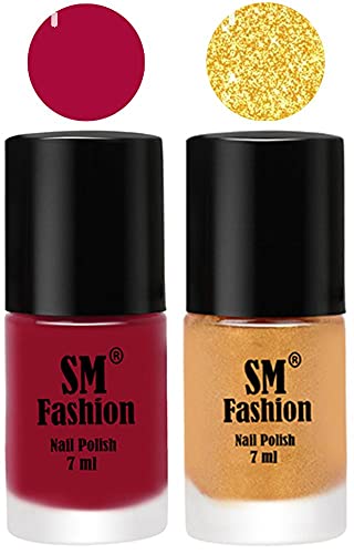 Image of Long Lasting Nail Polish | Nail Paint Combo 7 ml Each) - Set of 2 Raspberry-Light Golden