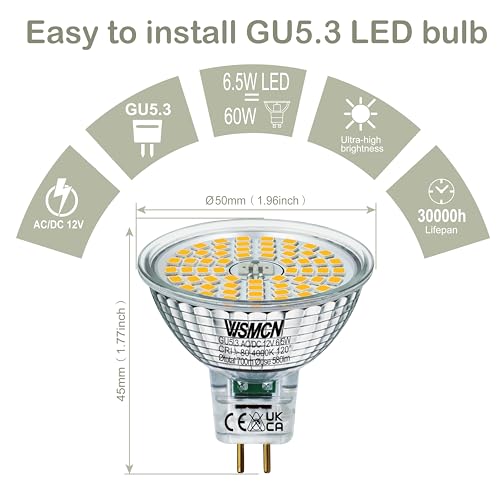 WSMCN MR16 GU5.3 LED Light Bulbs, Neutral White 4000K, 6.5W LED 60W Halogen Equivalent, Bi-Pin Base 12V 700LM, Non Dimmable - Image 3