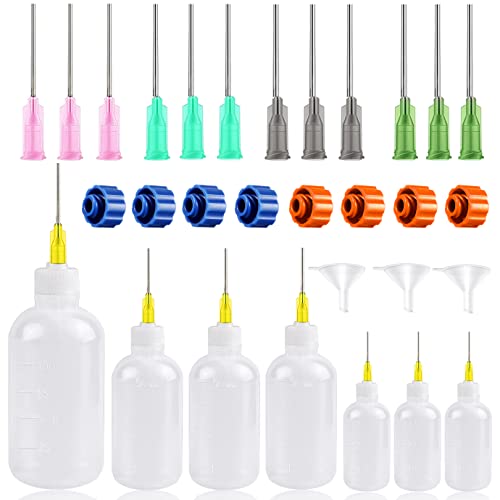 WXJ13 Needle Tip Glue Bottles Applicator Set,30ml 50ml 100ml Plastic Squeeze Dropper Bottles with 8 Caps and 12 Blunt Needle Tips for Craft Art Project,Paint Quilling Craft and Oil