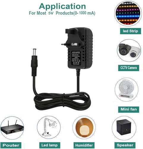 5V 1A Power Supply, UK AC 100-240V to DC 5V 1Amp Adapter with 5.5x2.5mm Plug for LED Strip Light, CCTV Camera, Router, Speaker, Hi-Fi, Tablet - Universal Wall Charger Power Adapter (Black, M) - Image 5