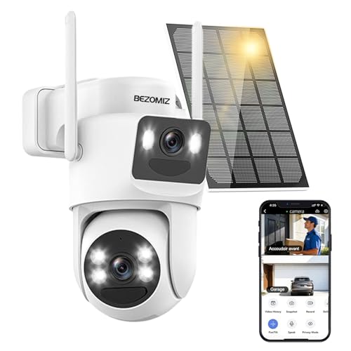 BEZOMIZ 4K Caméra Surveillance WiFi Extérieure à Double Objectif,360° PTZ Caméra IP,8MP Détection Humaine avec Panneau Solaire,Suivi Automatique,Vision...