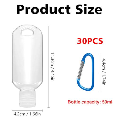 30 Pcs Hand Sanitizer Keychain,1.7oz Refillable Travel Refillable Travel Bottles Containers,Portable Liquid Squeeze Containers for Toiletries(Bottle + Lid + Hook)2