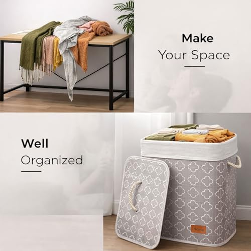 Image of Amazon Brand - Umi Rectangle Bamboo Laundry Basket for Clothes with Lid Quatrefoil Printed Hamper | Eco-Friendly, Foldable & Lightweight Organizer (Cream, 40x30x50 cm, Pack of 1)