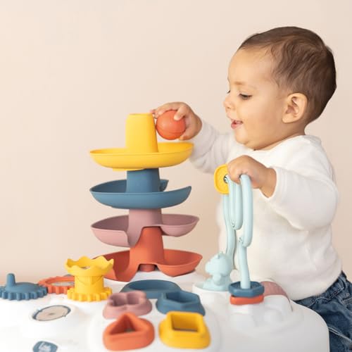 Image of Little Smoby Activity Table - Numerous Mechanical Functions - 4 Shapes, 1 Ball, 1 Hippo Figurune - Developing Motor Skills - From 12 Months - Made in France