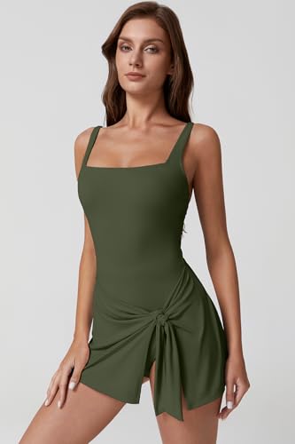 Image of QINSEN Square Neck Swim Dress for Women Tummy Control One Piece Swimsuit Wrap Bathing Suit