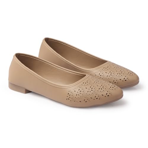 Image of Duosoft Orthopaedic Ballet Flats, Diabetic Comfort Shoes, Beige Perforated Design,Casual Wear Bellies for Women 206-Tan