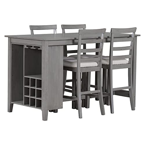 P Purlove 5-Piece Multi-Functional Rubber Wood Counter Height Dining Set With Padded Chairs, Integrated 9 Bar Wine Compartment And Wineglass Holders, Dining Table Set For 4 (Gray) #TOP7