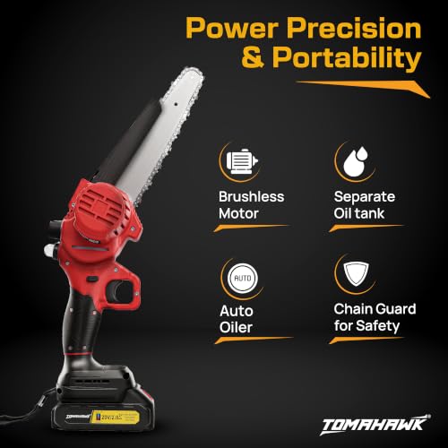 Image of TOMAHAWK TCS-8A Cordless Chainsaw 8 inch with Brushless motor, 20V Battery, Dual Switch Safety, Includes 2 Batteries & Charger, Portable Electric Handheld Saw for Gardening, Wood Cutting.