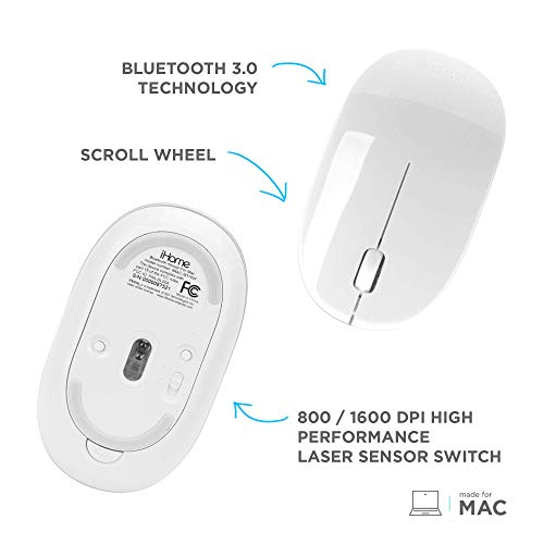 Ihome Bluetooth Mac Mouse With Scroll Wheel, 3-Buttons, 1600 Dpi, Laptops And Computers, Slim And Compact, Right Or Left Hand Use, White (Renewed) #TOP2