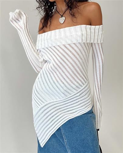 Image of Womens Off The Shoulder Sweater - Sexy Sheer Knit Relax Fitted Long Sleeve Asymmetrical Blouse Tops White M