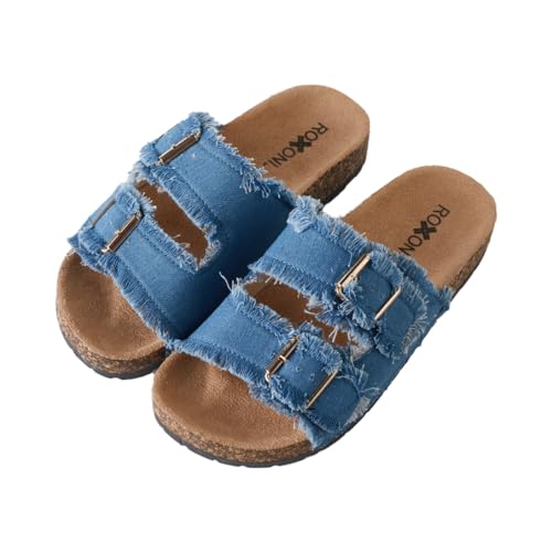 Roxoni Women's Comfort Flat Sandals Double Buckle Adjustable Straps Flat Slides Footbed Suede - Main Image