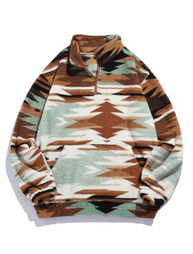 Image of ZAFUL Men 1 /4 Zipper Ethnic Aztec Fleece Unisex Winter Sweatshirt Tops 2026 | Funnel Neck Fluffy Polar Fleece Faux Sherpa Soft Thermal Pullover Kangaroo Pocket Jacket Hoodie Tops