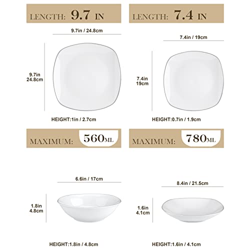 Malacasa Dinnerware Sets, 24-Piece Porcelain Plates And Bowls Sets, White Square Dinnerware Set-Silver Rim, Serving Plate For Dessert, Salad, Soup, Modern Dish Set For 6, Series Elisa #TOP1
