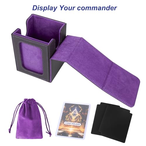 Image of AFIING MTG Deck Box for Commander Display,Card Deck Box Fits 100 Double Sleeved Cards, Magic Commander TCG Card Storage Box with 2 Dividers,Drawstring Bag and 1 Toploader(Black /Purple)